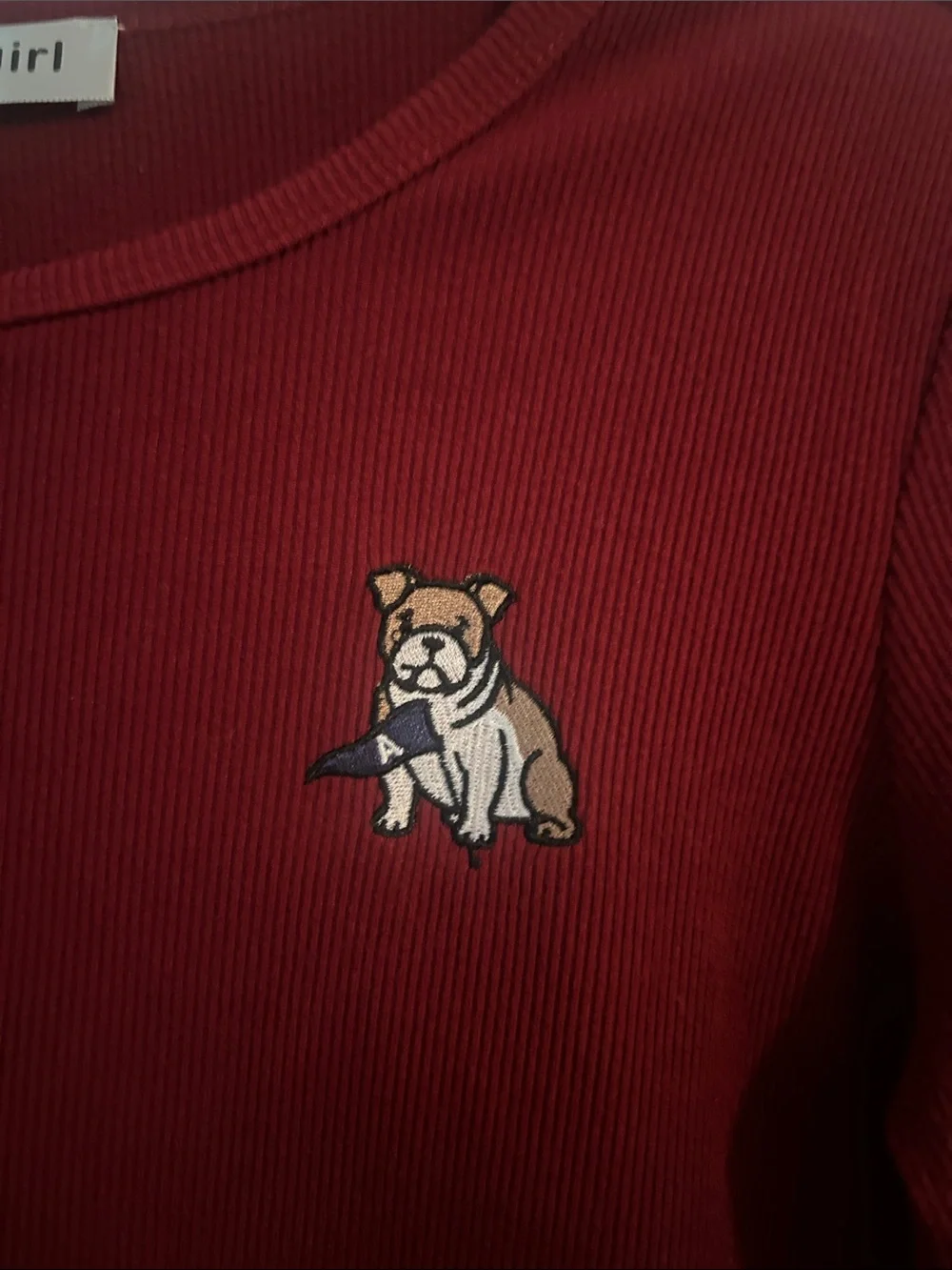 Madden Girl Burgundy Button-Front Ribbed Cardigan with Bulldog Patch